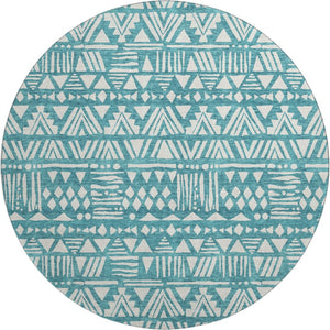 HomeRoots 8' Teal and Ivory Southwestern Round Rug - Washable, UV-Protected, Stylish & Non-Slip Design 672137