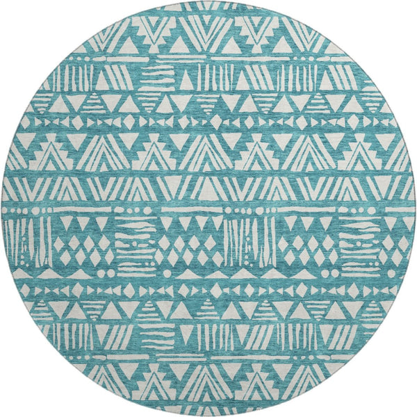 HomeRoots 8' Teal and Ivory Southwestern Round Rug - Washable, UV-Protected, Stylish & Non-Slip Design 672137