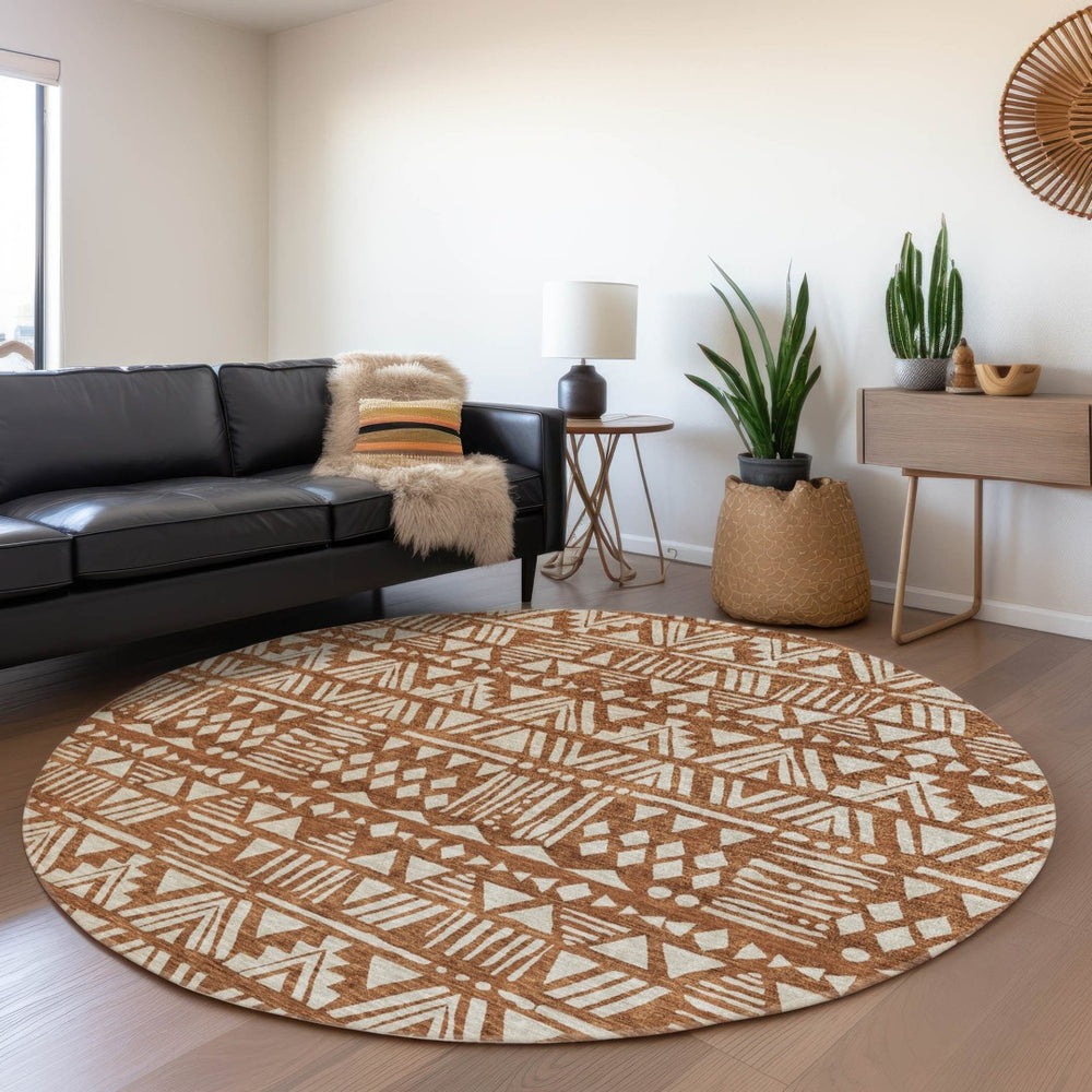 HomeRoots 8' Southwestern Washable Round Rug in Terra Cotta & Beige with UV Protection for Easy Care & Style 672143