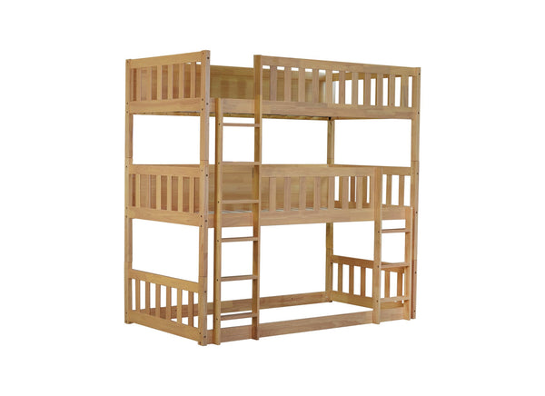 English Elm Twin Triple Rubberwood Bunk Bed with Ladders & Guardrails, Space-Saving Modular Design for Families White Oak W504S00172