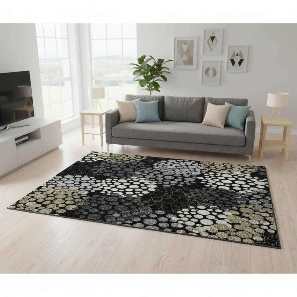 HomeRoots 5' X 8' Washable Black Gold Ivory Polka Dot Area Rug – UV Protected, Stain Resistant, Stylish Design! 672160