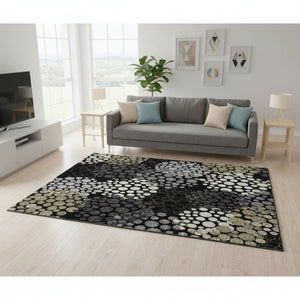 HomeRoots 5' X 8' Washable Black Gold Ivory Polka Dot Area Rug – UV Protected, Stain Resistant, Stylish Design! 672160