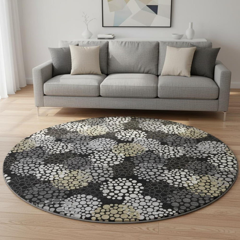 HomeRoots 8' Polka Dot Washable Round Rug in Black, Gold, and Ivory - UV Protected, Durable & Stylish Design 672161