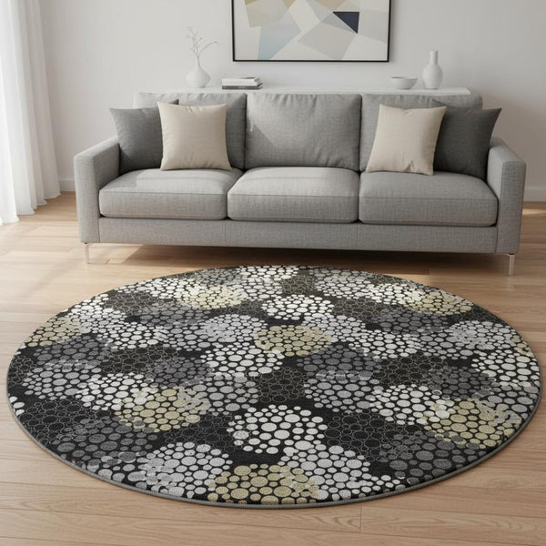 HomeRoots 8' Polka Dot Washable Round Rug in Black, Gold, and Ivory - UV Protected, Durable & Stylish Design 672161