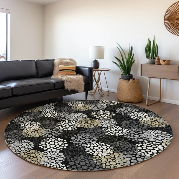 HomeRoots 8' Polka Dot Washable Round Rug in Black, Gold, and Ivory - UV Protected, Durable & Stylish Design 672161