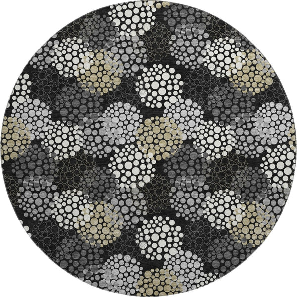 HomeRoots 8' Polka Dot Washable Round Rug in Black, Gold, and Ivory - UV Protected, Durable & Stylish Design 672161