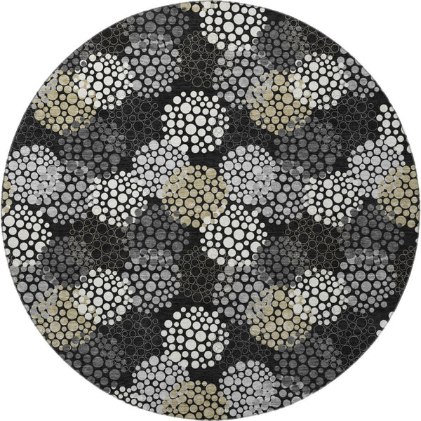 HomeRoots 8' Polka Dot Washable Round Rug in Black, Gold, and Ivory - UV Protected, Durable & Stylish Design 672161