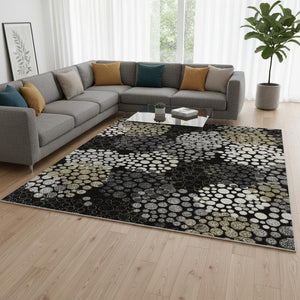 HomeRoots 8' X 10' Black Gold Ivory Polka Dot Area Rug - Washable, UV-Protected, Stain-Resistant & Durable Design 672162
