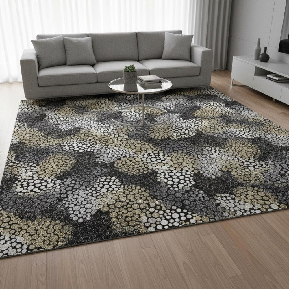 HomeRoots 9' X 12' Polka Dot Area Rug in Black, Gold & Ivory – Washable, UV-Protected, Durable Design for Homes 672163