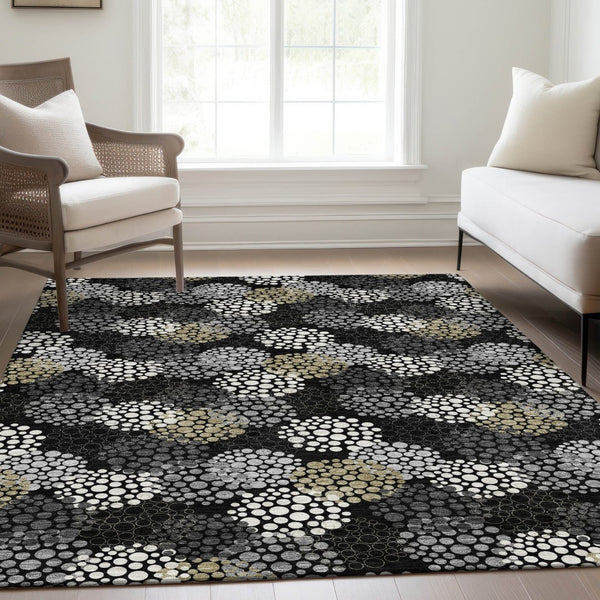 HomeRoots 9' X 12' Polka Dot Area Rug in Black, Gold & Ivory – Washable, UV-Protected, Durable Design for Homes 672163