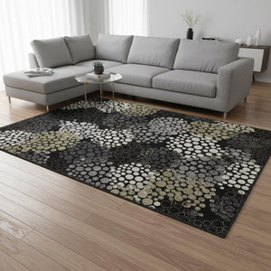 HomeRoots 10' X 14' Black Gold Ivory Polka Dot Area Rug – Washable, UV Protected, Stylish & Durable for All Rooms 672164
