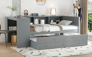English Elm Twin Size Daybed With Trundle And Desk, Stylish Wood Frame With Storage Drawers And Shelves, Gray W1580S00204-GIGA