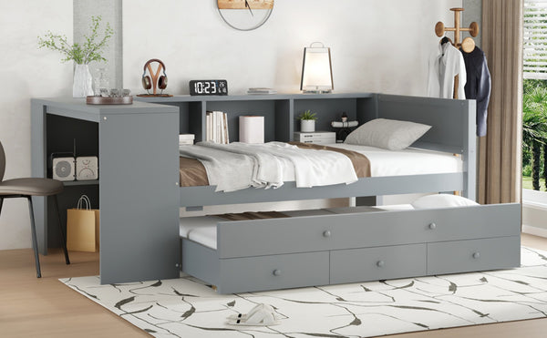 English Elm Twin Size Daybed With Trundle And Desk, Stylish Wood Frame With Storage Drawers And Shelves, Gray W1580S00204-GIGA