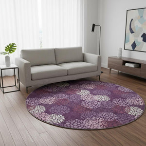 HomeRoots 8' Eggplant & Ivory Polka Dot Washable Round Rug - UV Protected, Stain-Resistant, Durable Design 672173