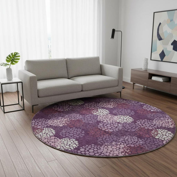 HomeRoots 8' Eggplant & Ivory Polka Dot Washable Round Rug - UV Protected, Stain-Resistant, Durable Design 672173