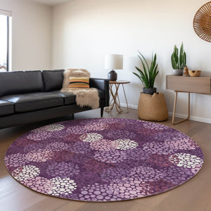 HomeRoots 8' Eggplant & Ivory Polka Dot Washable Round Rug - UV Protected, Stain-Resistant, Durable Design 672173
