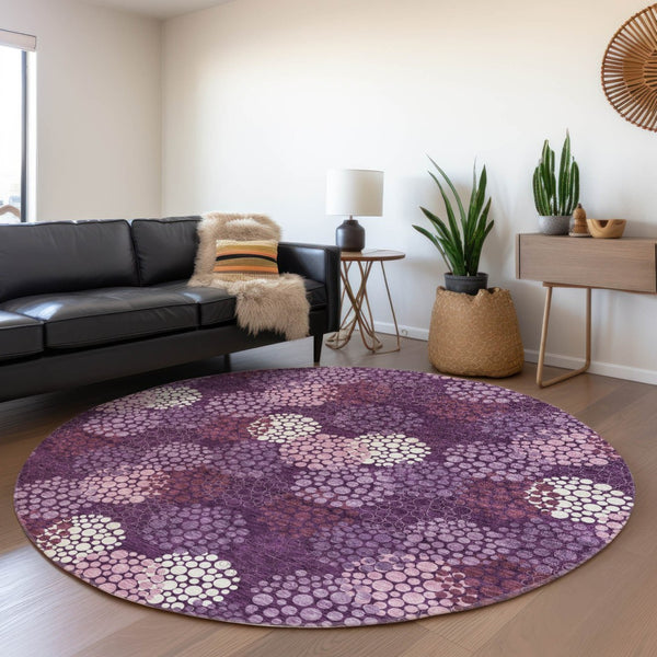 HomeRoots 8' Eggplant & Ivory Polka Dot Washable Round Rug - UV Protected, Stain-Resistant, Durable Design 672173