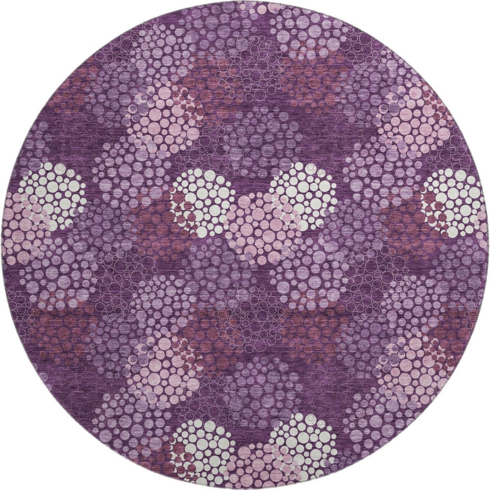 HomeRoots 8' Eggplant & Ivory Polka Dot Washable Round Rug - UV Protected, Stain-Resistant, Durable Design 672173