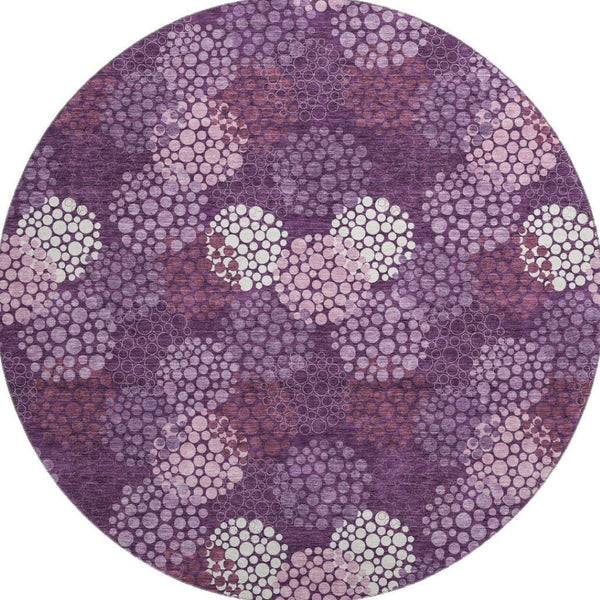 HomeRoots 8' Eggplant & Ivory Polka Dot Washable Round Rug - UV Protected, Stain-Resistant, Durable Design 672173