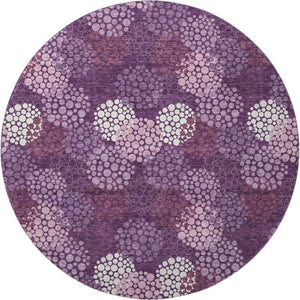 HomeRoots 8' Eggplant & Ivory Polka Dot Washable Round Rug - UV Protected, Stain-Resistant, Durable Design 672173