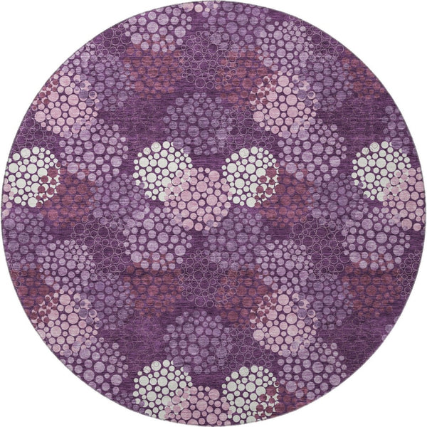 HomeRoots 8' Eggplant & Ivory Polka Dot Washable Round Rug - UV Protected, Stain-Resistant, Durable Design 672173