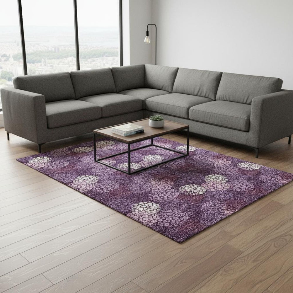 HomeRoots 9' X 12' Eggplant & Ivory Polka Dot Area Rug - Durable, Washable, UV-Protected for Stylish Spaces 672175