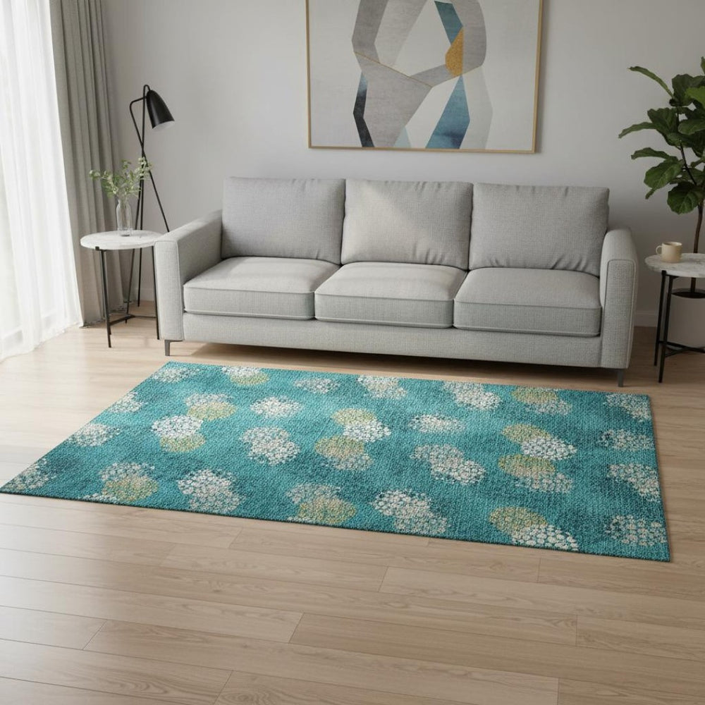 HomeRoots 5' X 8' Washable Emerald, Ivory & Aqua Polka Dot Area Rug - Durable, UV Protected & Stylish Accent 672178