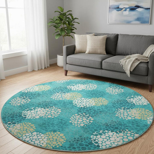 HomeRoots 8' Emerald Ivory Aqua Polka Dot Washable Round Rug - Durable, UV-Protected & Easy-Care Design! 672179