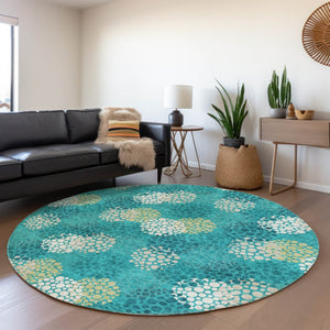 HomeRoots 8' Emerald Ivory Aqua Polka Dot Washable Round Rug - Durable, UV-Protected & Easy-Care Design! 672179