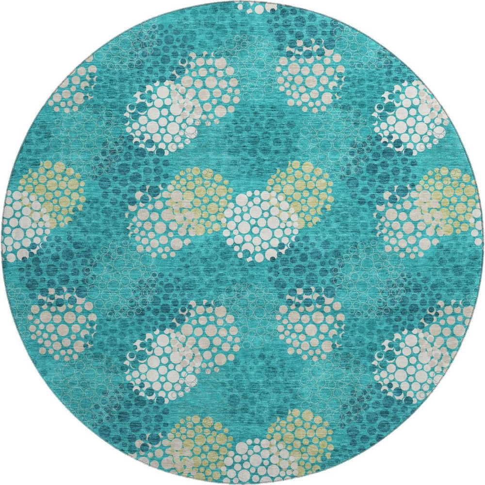 HomeRoots 8' Emerald Ivory Aqua Polka Dot Washable Round Rug - Durable, UV-Protected & Easy-Care Design! 672179