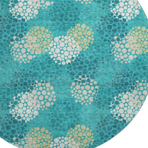 HomeRoots 8' Emerald Ivory Aqua Polka Dot Washable Round Rug - Durable, UV-Protected & Easy-Care Design! 672179