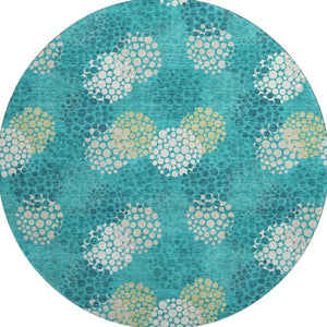 HomeRoots 8' Emerald Ivory Aqua Polka Dot Washable Round Rug - Durable, UV-Protected & Easy-Care Design! 672179