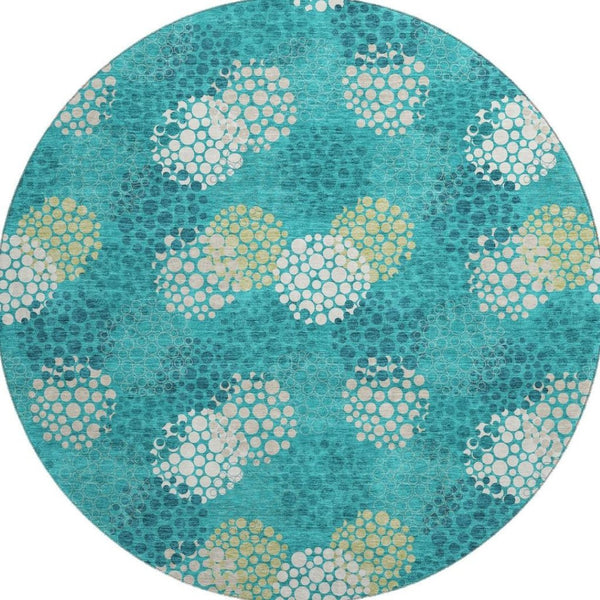 HomeRoots 8' Emerald Ivory Aqua Polka Dot Washable Round Rug - Durable, UV-Protected & Easy-Care Design! 672179