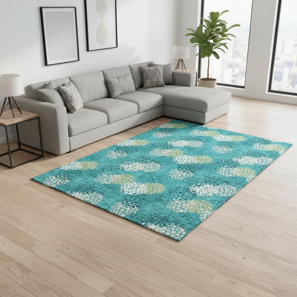 HomeRoots 9' X 12' Playful Polka Dot Area Rug in Emerald, Ivory & Aqua - Washable, UV Protected, Kid-Friendly! 672181