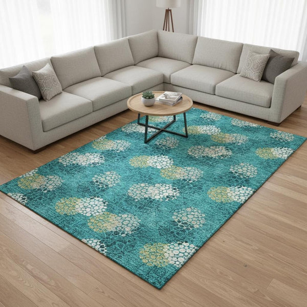 HomeRoots 10' Washable Emerald Aqua Polka Dot Area Rug with UV Protection - Perfect for Family Living Spaces! 672182