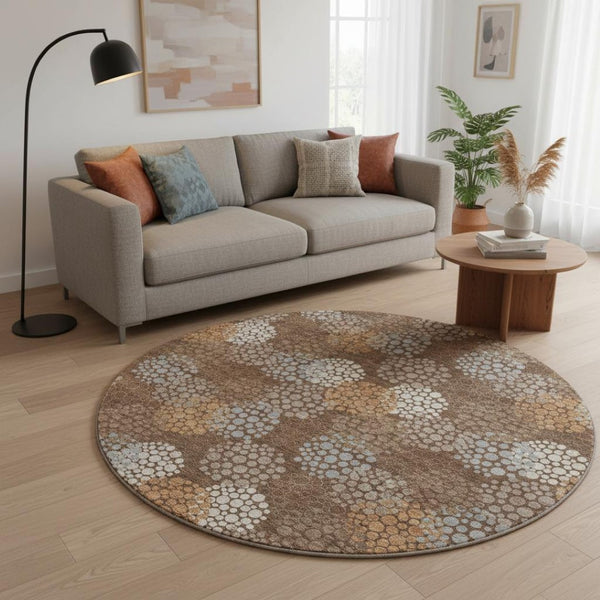 HomeRoots 8' Stylish Chocolate Gray & Copper Polka Dot Washable Round Rug with UV Protection & Non-Slip Backing 672185