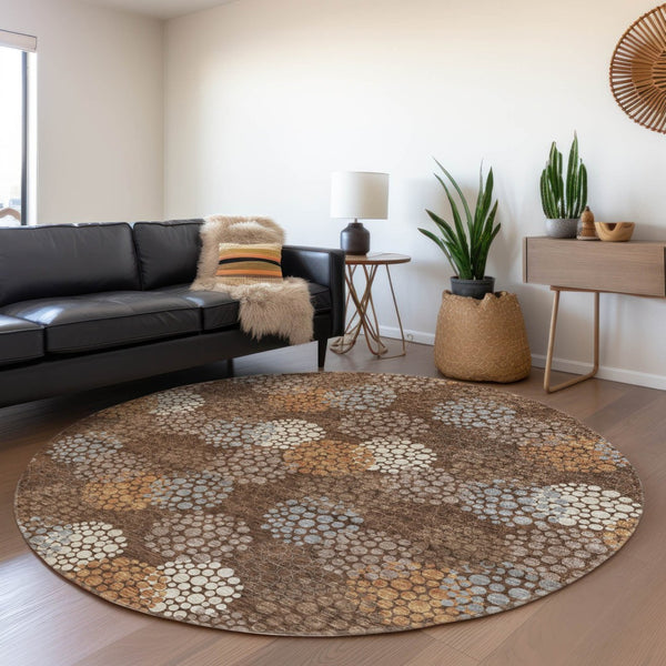 HomeRoots 8' Stylish Chocolate Gray & Copper Polka Dot Washable Round Rug with UV Protection & Non-Slip Backing 672185
