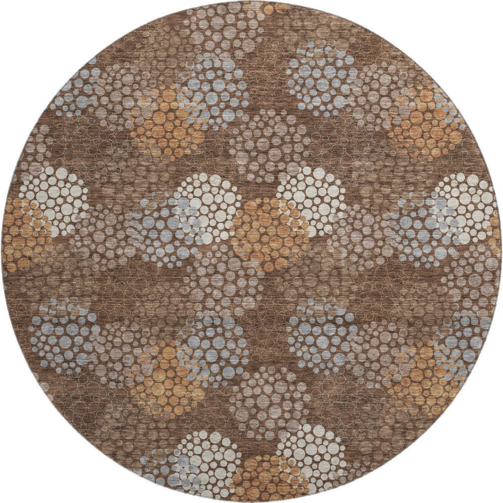 HomeRoots 8' Stylish Chocolate Gray & Copper Polka Dot Washable Round Rug with UV Protection & Non-Slip Backing 672185