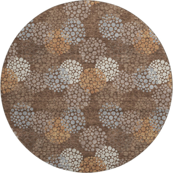 HomeRoots 8' Stylish Chocolate Gray & Copper Polka Dot Washable Round Rug with UV Protection & Non-Slip Backing 672185