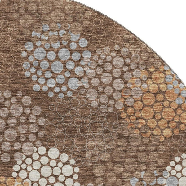 HomeRoots 8' Stylish Chocolate Gray & Copper Polka Dot Washable Round Rug with UV Protection & Non-Slip Backing 672185