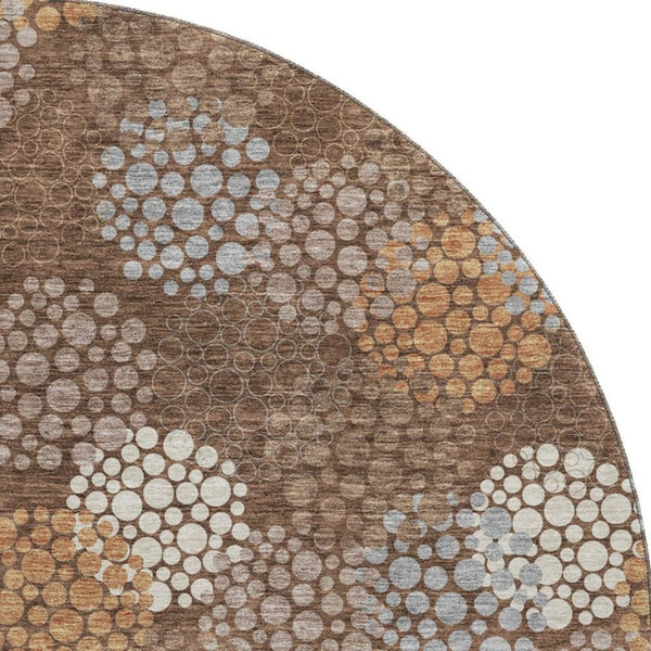 HomeRoots 8' Stylish Chocolate Gray & Copper Polka Dot Washable Round Rug with UV Protection & Non-Slip Backing 672185