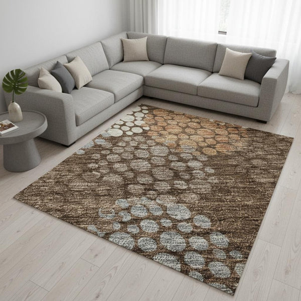 HomeRoots 10' X 14' Chocolate Gray Area Rug with Copper Polka Dots - Durable, Washable & UV Protected Design 672188