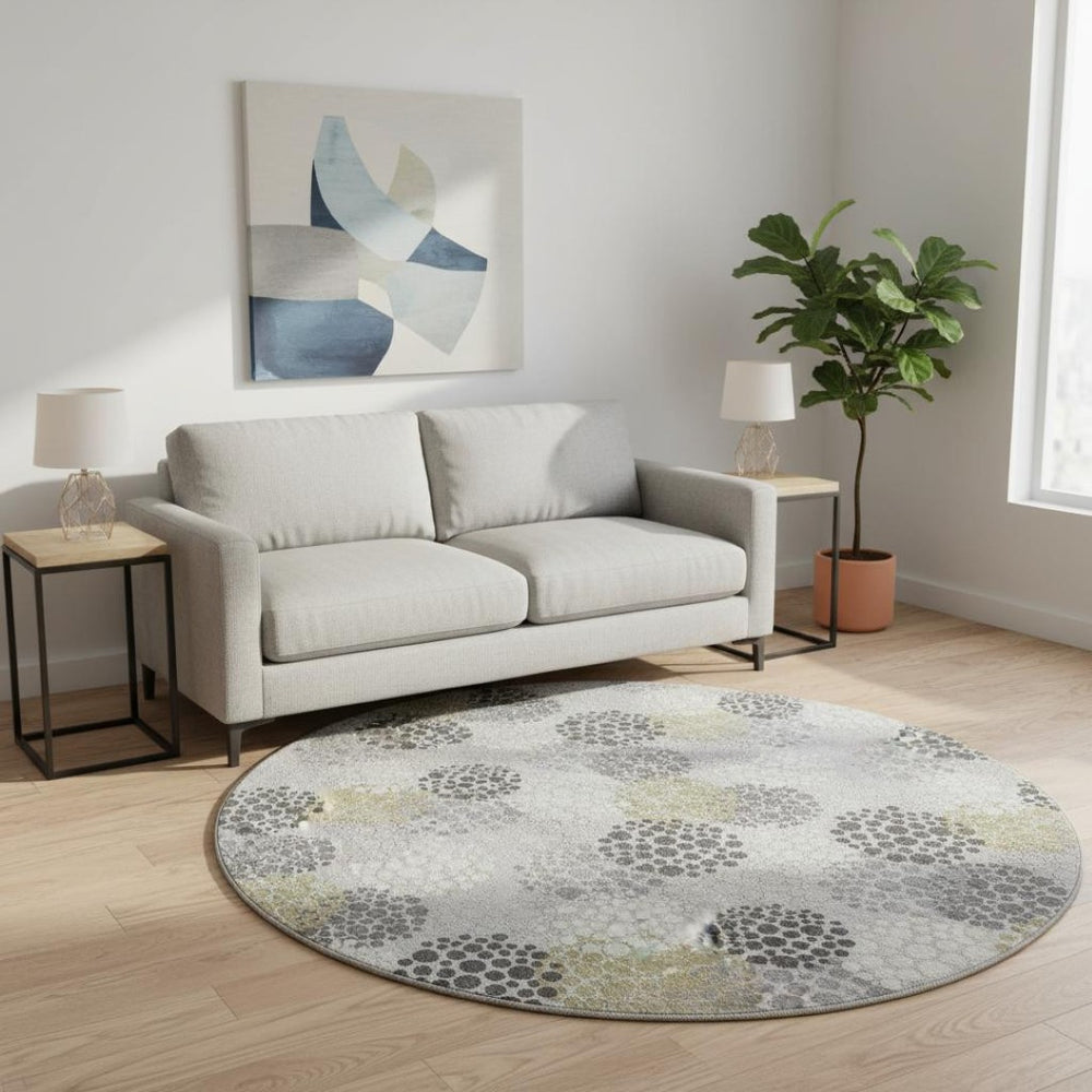 HomeRoots 8' Gray Ivory and Charcoal Polka Dot Washable Round Rug – Stylish, UV-Protected & Pet-Friendly! 672191
