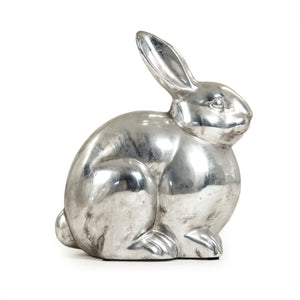 Zentique Metallic Silver Rabbit Ceramic Accent Sculpture with Metallic Glaze — Elegant Stoneware Décor for Shelves, Mantels, Tables (W6.5×H12×D10.5) 6721L A840