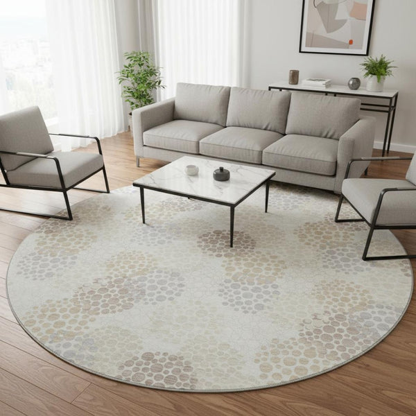 HomeRoots 8' Washable Ivory and Taupe Polka Dot Round Rug with UV Protection – Durable, Stylish, Easy-Care Décor 672203