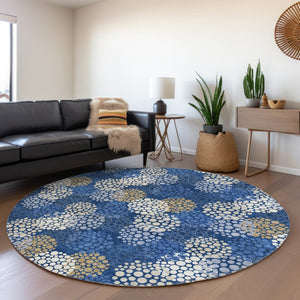 HomeRoots 8' Navy Blue, Ivory & Beige Polka Dot Round Rug - Washable, UV Protected, Durable for Family Life 672209