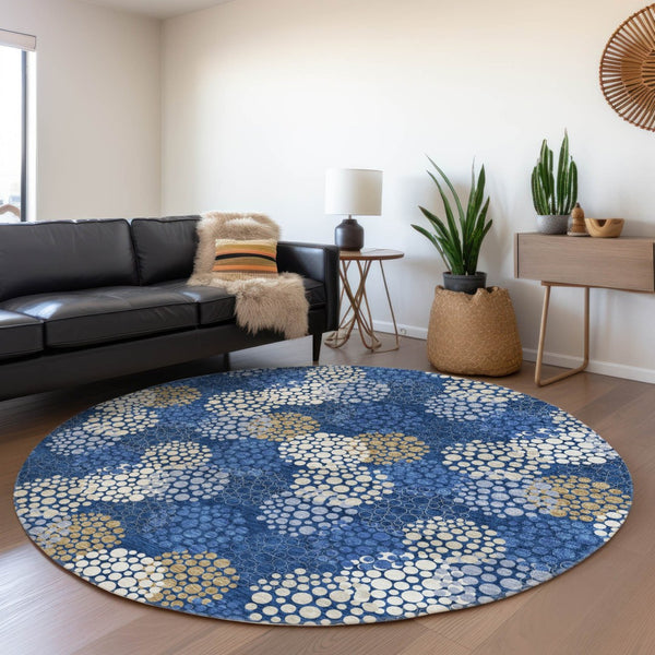 HomeRoots 8' Navy Blue, Ivory & Beige Polka Dot Round Rug - Washable, UV Protected, Durable for Family Life 672209