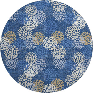 HomeRoots 8' Navy Blue, Ivory & Beige Polka Dot Round Rug - Washable, UV Protected, Durable for Family Life 672209