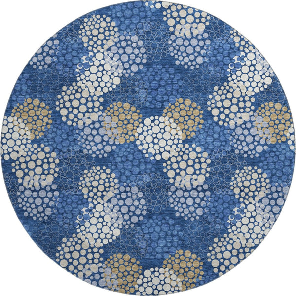 HomeRoots 8' Navy Blue, Ivory & Beige Polka Dot Round Rug - Washable, UV Protected, Durable for Family Life 672209