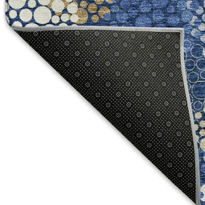HomeRoots 8' Navy Blue, Ivory & Beige Polka Dot Round Rug - Washable, UV Protected, Durable for Family Life 672209